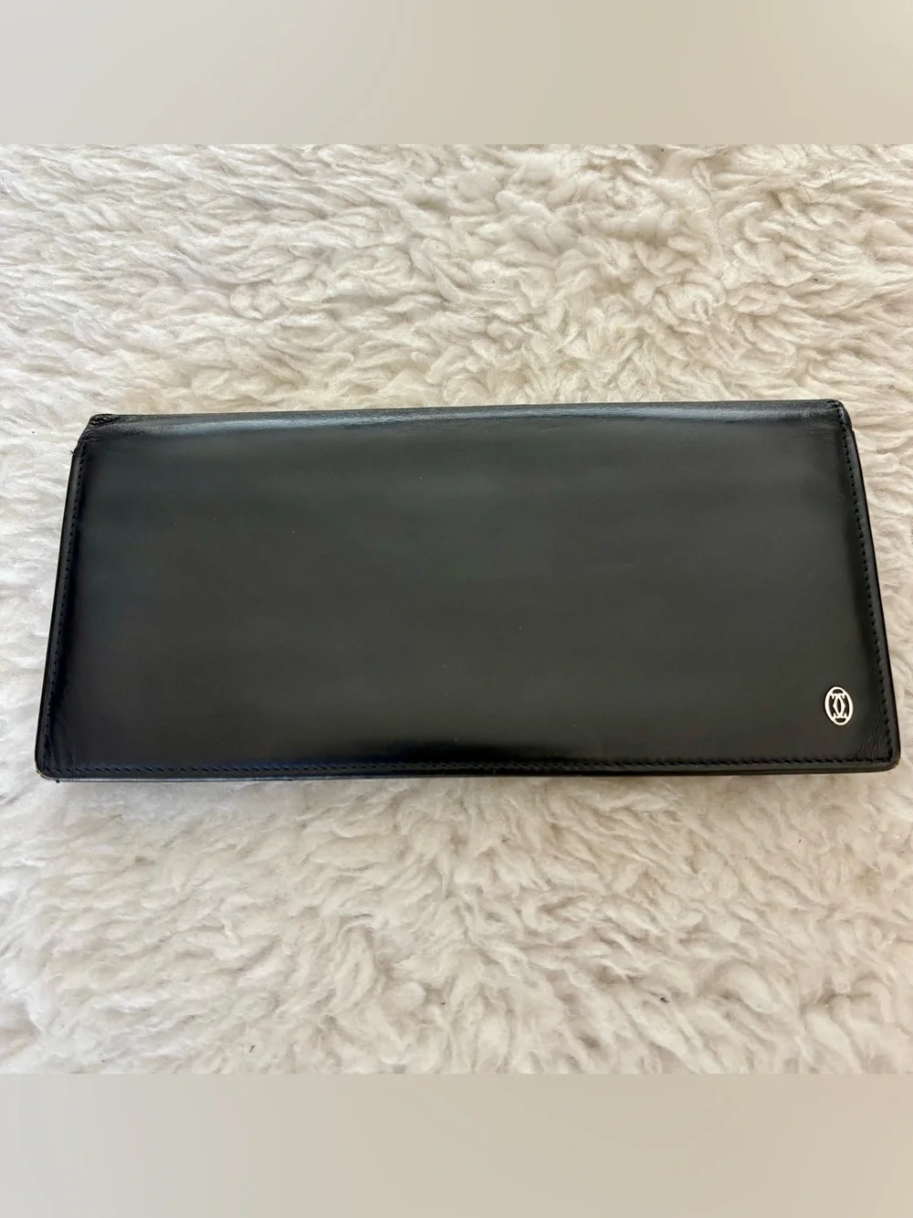 Cartier Paris 2C Silver Logo Black Leather Long Wallet